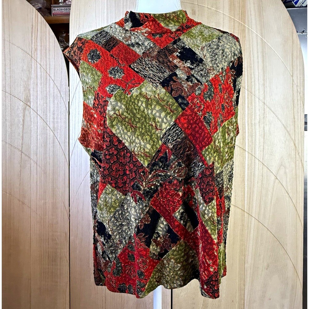 VTG 90s Dressbarn Woman 3X Sleeveless Mock Neck Top Patchwork Geometric Metallic
